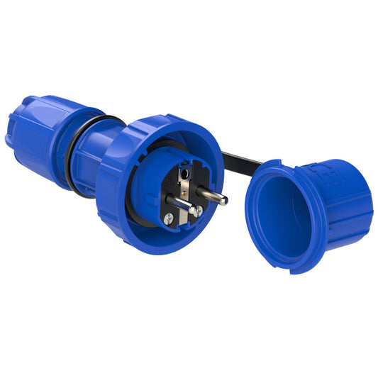 NAUTILUS Schutzkontaktstecker IP68 – 16A / 250V / druckwasserdicht – 2-fach Erdungssystem – blau
